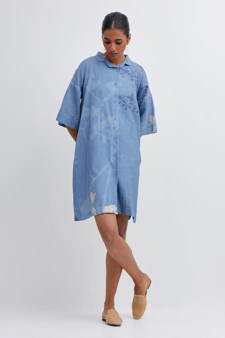 Buy Blue Handwoven Hand Spun Indian Fabric Placement Cotton Longline Shirt  For Women by Bhavik Shah Online at Aza Fashions.