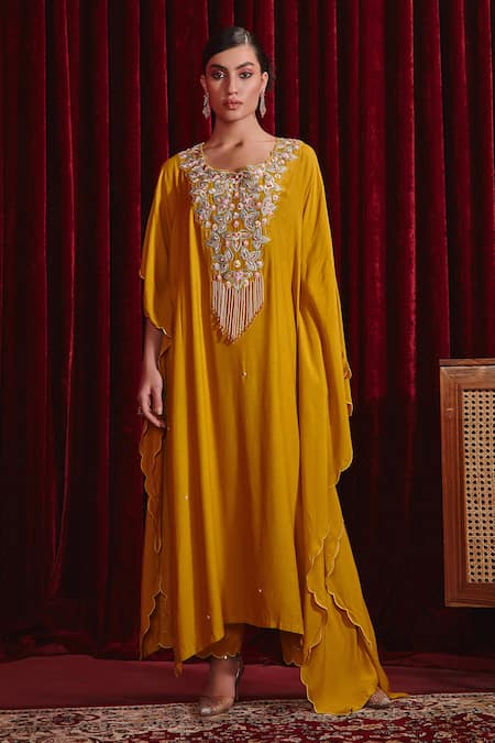 Ajiesh Oberoi Ambar Neck Embroidered Kaftan & Palazzo Set 