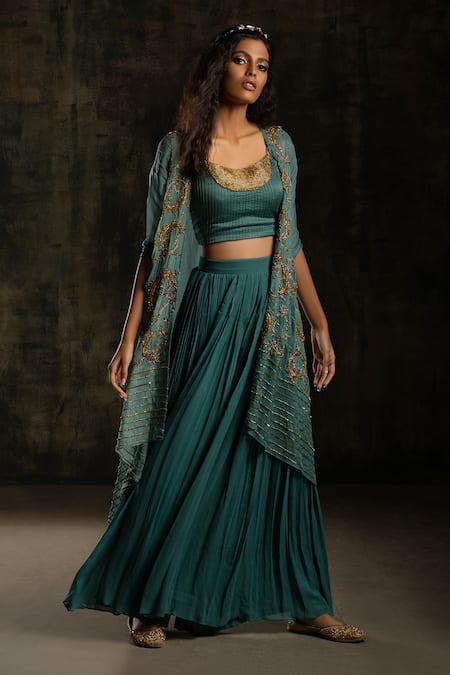 Mona And Vishu Asymmetric Embroidered Jacket Palazzo Set 