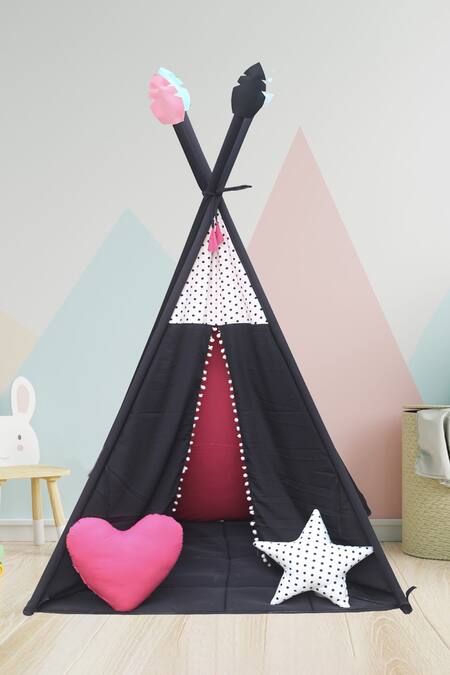 My Gift Booth Black Cotton Print Teepee Tent With Mat