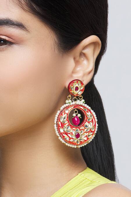 Shop_Just Shradhas_Gold Plated Pearls, Beads, Gota Patti Kundan Enamel Circular Danglers _Online_at_Aza_Fashions