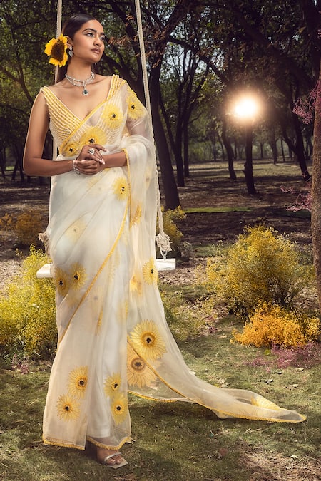 Nitika Gujral Off White Saree Organza Embroidery Pearl Sunflower Applique Set 