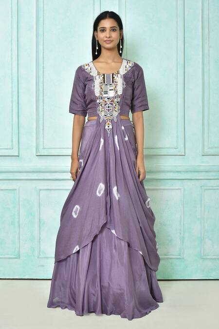 Shop_Samyukta Singhania_Purple Lehenga Chinon Chiffon, Top Russian Embroidered Asymmetric Blouse With_Online_at_Aza_Fashions