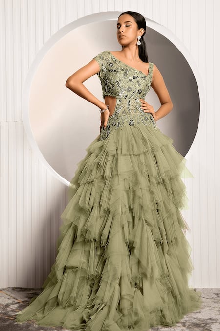 Jade By Ashima Rue Embroidered Bodice Ruffle Gown 