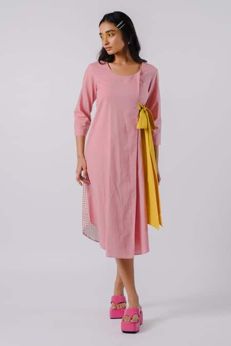 Tussah By Siddhi Shah Pink Cotton Bows Round Neck Contrast Detail Dress 