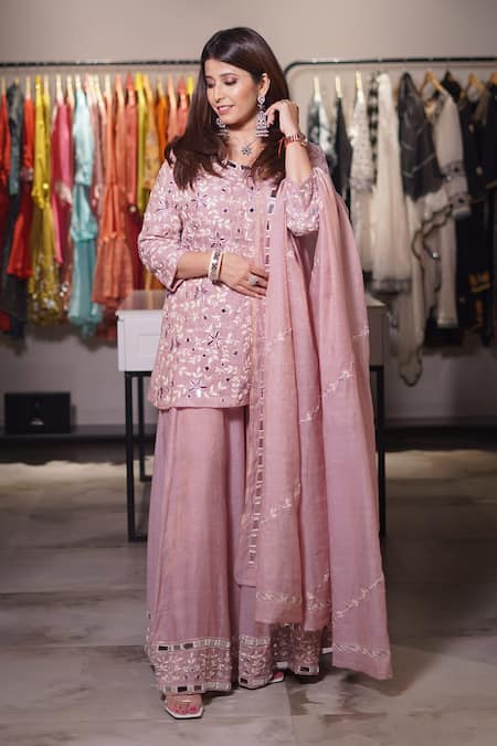 Shipraa Grover Pink Chanderi Embroidery Round Neck Seerat Kurta Palazzo Set 