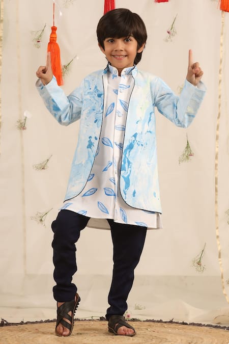 Cute Couture White Cotton, Poplin Brush Paint Pattern Jacket And Kurta Set 