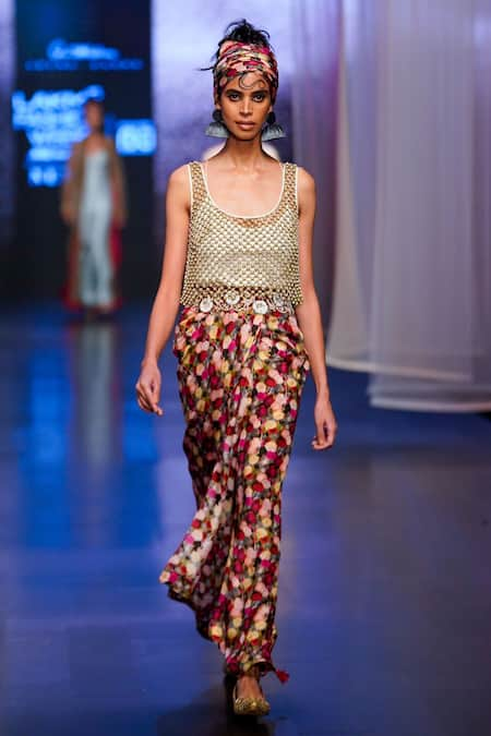 Anand Kabra Ivory Dupion Print And Embroidery Abstract Jaali Pattern Cape & Draped Trouser Set