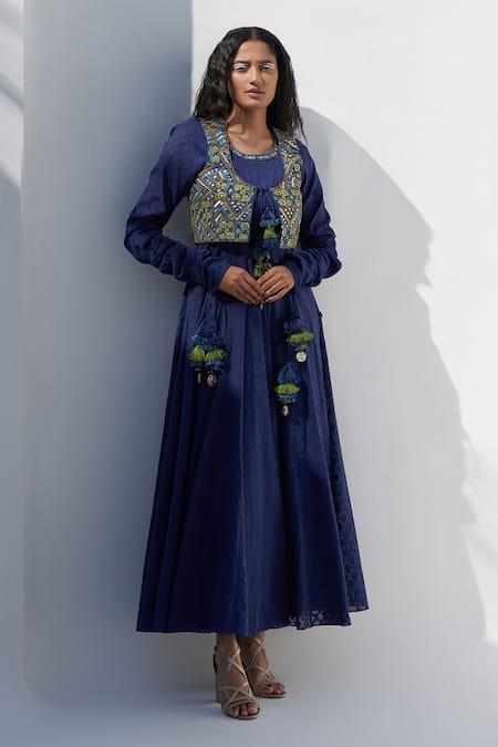 Nadima Saqib Blue Silk Embroidery Mirror Round Neck And Thread Jacket 