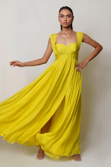 Pinup By Astha Yellow Pure Flat Chiffon Lining Butter Crepe Pleated Neckline Gown 