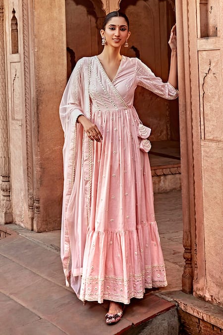 PREEVIN Mirror Work Angrakha Anarkali With Dupatta 