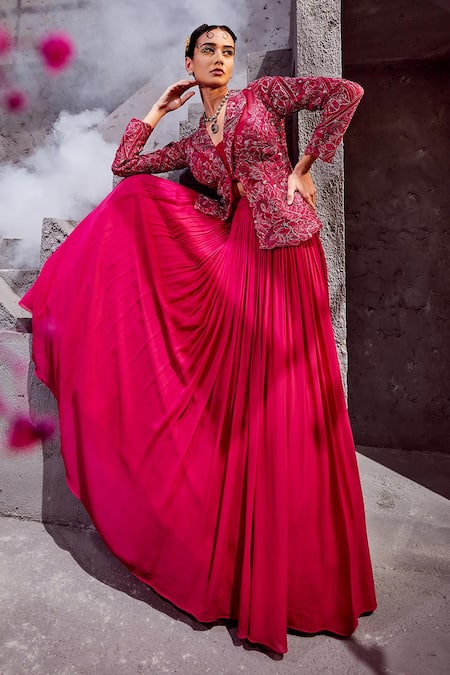 Awigna Magenta Crepe Embroidered Floral Nazm Jacket And Pleated Lehenga Set 