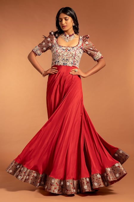 Sejal Kamdar Floral Yoke Embroidered Umbrella Gown 