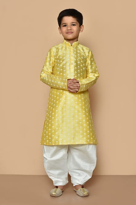 Aryavir Malhotra Yellow Silk Printed Floral Kurta And Patiala Set 