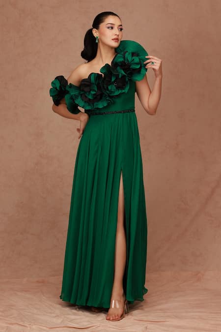 SHRIYA SOM Green Silk Ruffle Flower Asymmetric Neck Chiffon Neckline Gown  