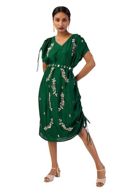 Meghna Shah Green Silk Beads, Stones V-neck Hand Embroidered Draped Cowl Dress 
