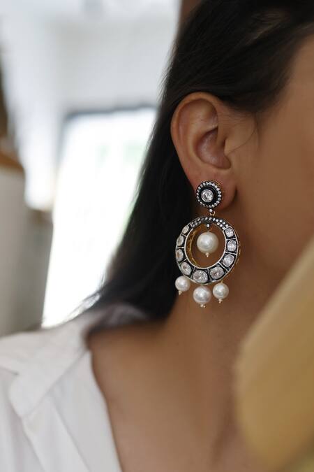 Shop Do Taara Silver Plated Polki And Shell Pearls Encrusted Earrings at Aza Fashions Shop_Do Taara_Silver Plated Polki And Shell Pearls Encrusted Earrings_at_Aza_Fashions