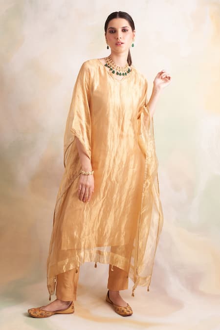 Buy_Palak & Mehak_Gold Kurta Tissue, Pant Soft Modal V Neck Flared Sleeve Kaftan And Set 