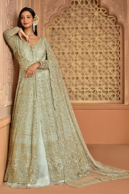 Kalighata Green Organza Sequins, Embroidery V-neck Queen Jacket Lehenga Set 
