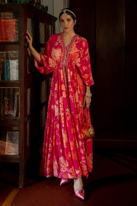 Buy_Paulmi And Harsh_Pink Cotton, Silk Sequins, Flourishing Floral Jaal Print Kaftan And Pant Set _Online_at_Aza_Fashions
