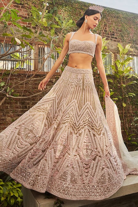 Cherie D Pink Tulle And Silk Embroidery Pearl Empress Bridal Lehenga Set 