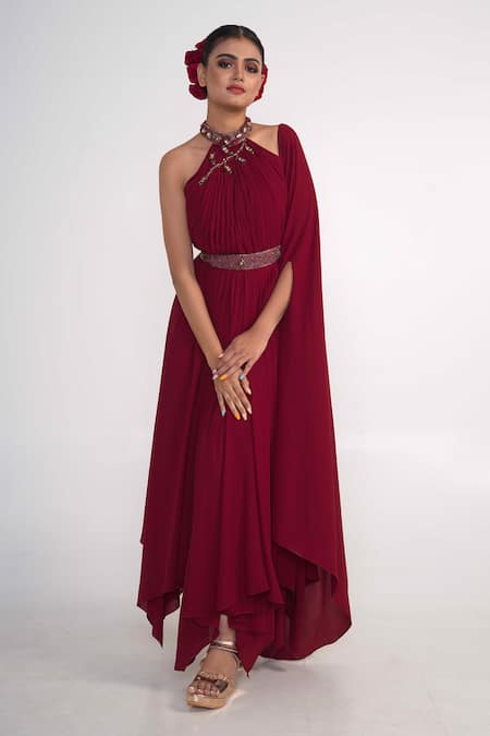 Merge Design_Maroon Georgette, Crepe Embroidery, Stones Halter Neck Draped Dress _Online_at_Aza_Fashions
