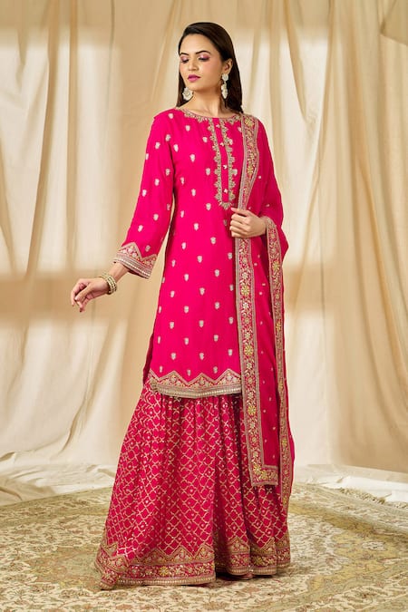 Alaya Advani Pink Chinnon Embroidery Lotus Round Kurta Sharara Set 