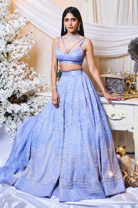 Varun Chakkilam Blue Silk Organza Sequins, Beads V-neck Chevron Pattern Lehenga Set 