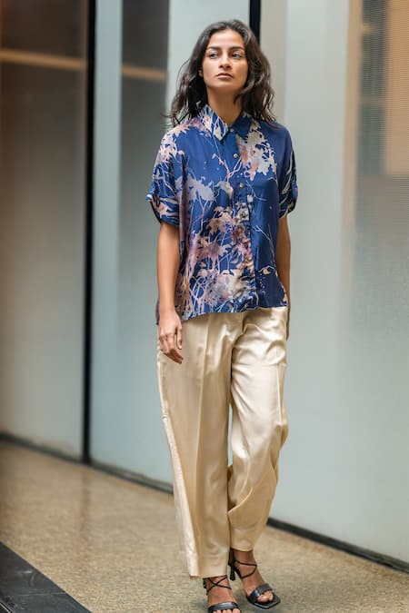 Leh Studios Blue Viscose, Crepe Embroidery Collared Evening Canope Print Day Shirt