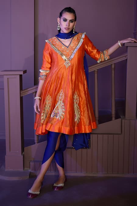 Pratibha Sultania Orange Satin Embellished Floral V Neck Anarkali And Dhoti Pant Set 