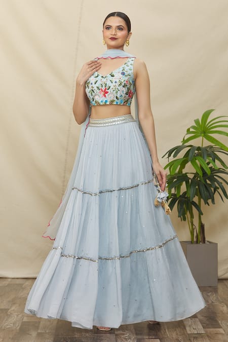 Samyukta Singhania Blue Crepe Embroidered Sequin Work Plunge V Neck Tiered Lehenga Set 