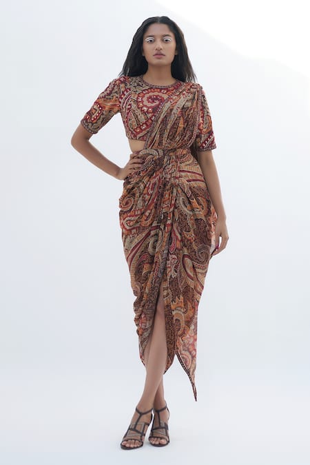 Nadima Saqib Brown Georgette Printed Paisley Pre-draped Saree 