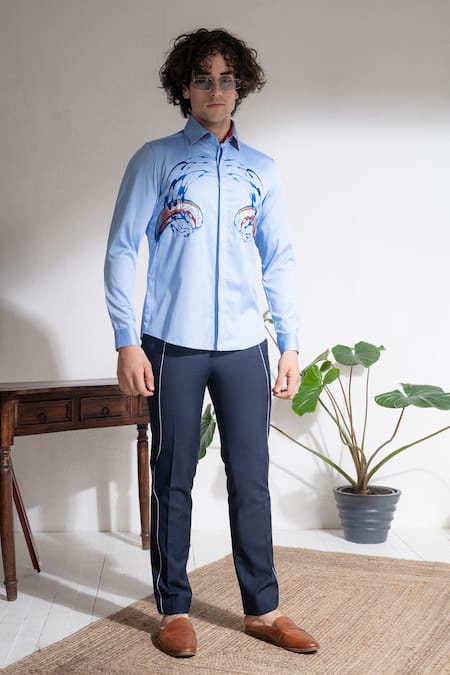 Abkasa Blue Cotton Embroidery Brushed Shirt