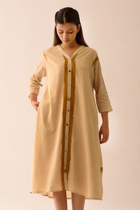 JAYATI GOENKA Beige Upcycled Seersucker V Neck Hand Painted Dress