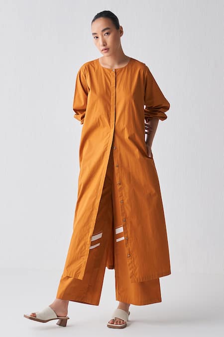 Three Orange Jacket And Pant Poplin Plain Round Neck Rust Tunic With 