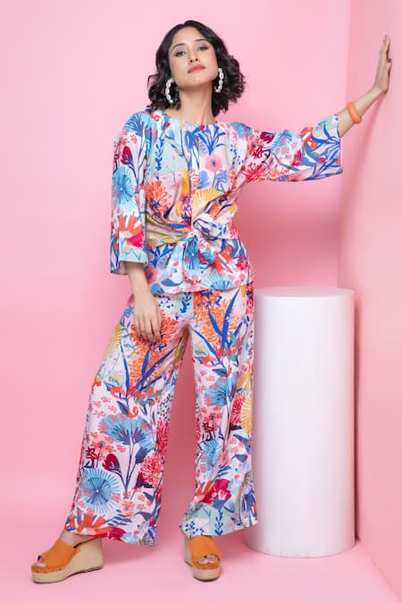 Rhe-Ana Blooming Flower Print Knotted Top & Pant Co-ord Set 