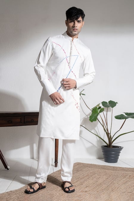 Buy Abkasa Ivory 100% Cotton Modal Silk Embroidered Splatter Kurta And Pyjama Set at Aza Fashions Buy_Abkasa_Ivory 100% Cotton Modal Silk Embroidered Splatter Kurta And Pyjama Set _at_Aza_Fashions