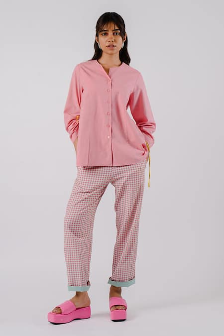 Tussah By Siddhi Shah Pink Cotton Cut Work Round Neck Placed Shirt With Pant 