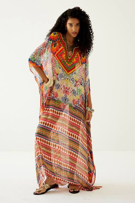 Payal Jain White Crepe Abstract Pattern Notched Geometric Kaftan