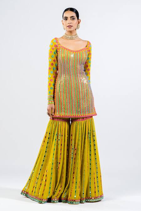 Vvani By Vani Vats Green Georgette, Net Embroidery, Sequins, Mirrors Scoop Work Kurta Sharara Set Online at Aza Fashions Vvani By Vani Vats_Green Georgette, Net Embroidery, Sequins, Mirrors Scoop Work Kurta Sharara Set _Online_at_Aza_Fashions