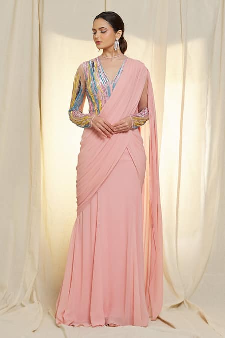 Shop_Vivek Patel_Pink Crepe Sequins, Beads V-neck Hand Embroidered Pre-draped Saree Gown _Online_at_Aza_Fashions