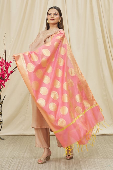 Khwaab by Sanjana Lakhani Floral Woven Pink Dupatta 
