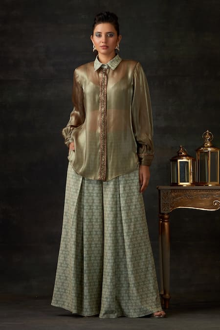 Shilpi Gupta Green Shirt Fluid Shimmer Organza Embroidery Placket And Pant Set  