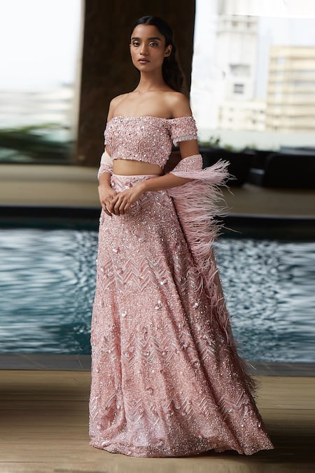 Nadine Dhody Pink Tulle Embroidery Sequin Straight Megan Floral Lehenga Set 