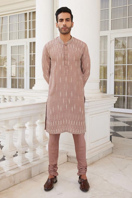 Charu and Vasundhara Pink Kurta Bamberg Silk Embroidery Bead Shane Straight Stripe Pattern Set 