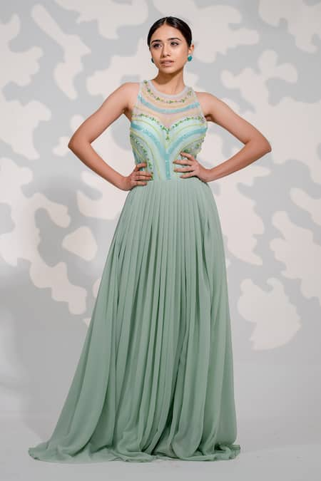 Tamaraa By Tahani Embroidered Pleated Gown 