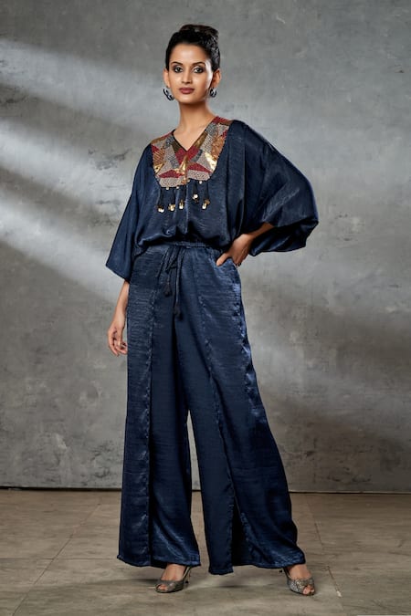 Aditi Somani Blue Silk Suede Sequins, Beads And Thread Work V Embroidered Yoke Top & Pant Set 