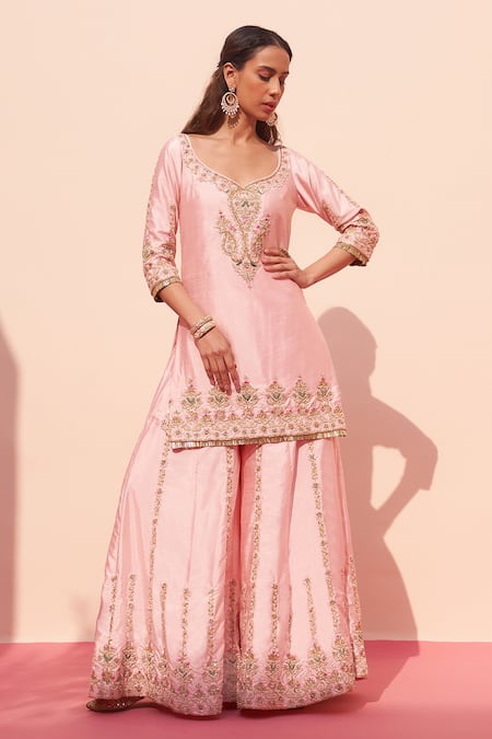 Angad Singh_Pink Silk, Crepe, Chiffon Embroidery, Zari Raw Floral Kurta Sharara Set _Online_at_Aza_Fashions