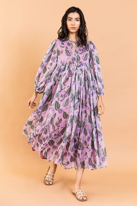 AROOP SHOP INDIA Purple Recycled Chiffon Printed Aster Tie-up Kate Dress 