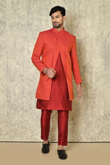 Naintara Bajaj Red Bandhgala Cotton Linen Plain With Contrast Kurta Set